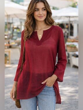 Rhea Sheer Kurta Top NWT Burgandy Ombre Lightweight Tunic Boho Blouse
